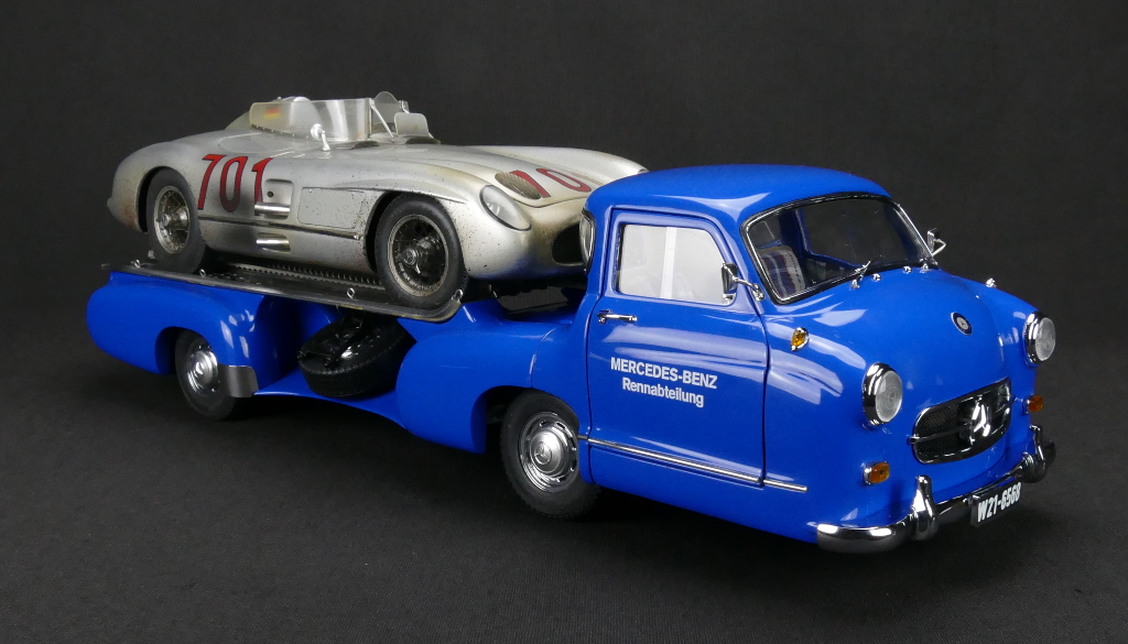 Mercedes-Benz Racing Car Transporter Blue Wonder 1955 and 300 SLR 701 Dirty Hero